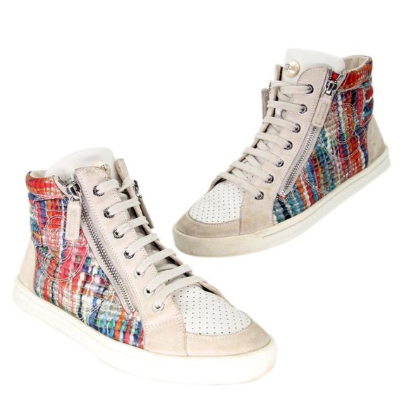 Chanel High Top Zip 36 Tweed CC Mother Of Pearl Sneakers CC-0502N-0147 - Picture 1 of 12